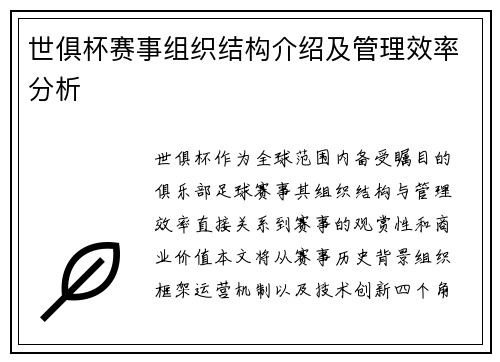 世俱杯赛事组织结构介绍及管理效率分析