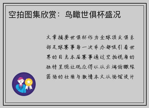 空拍图集欣赏：鸟瞰世俱杯盛况